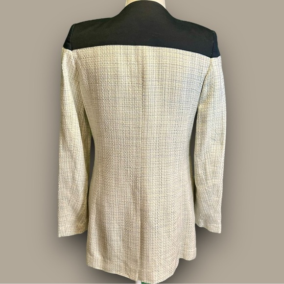 BCBG Paris White & Blue Tweed Oxford Long-Length Snap-Up Pocketed Jacket Size 0 - Picture 8 of 13